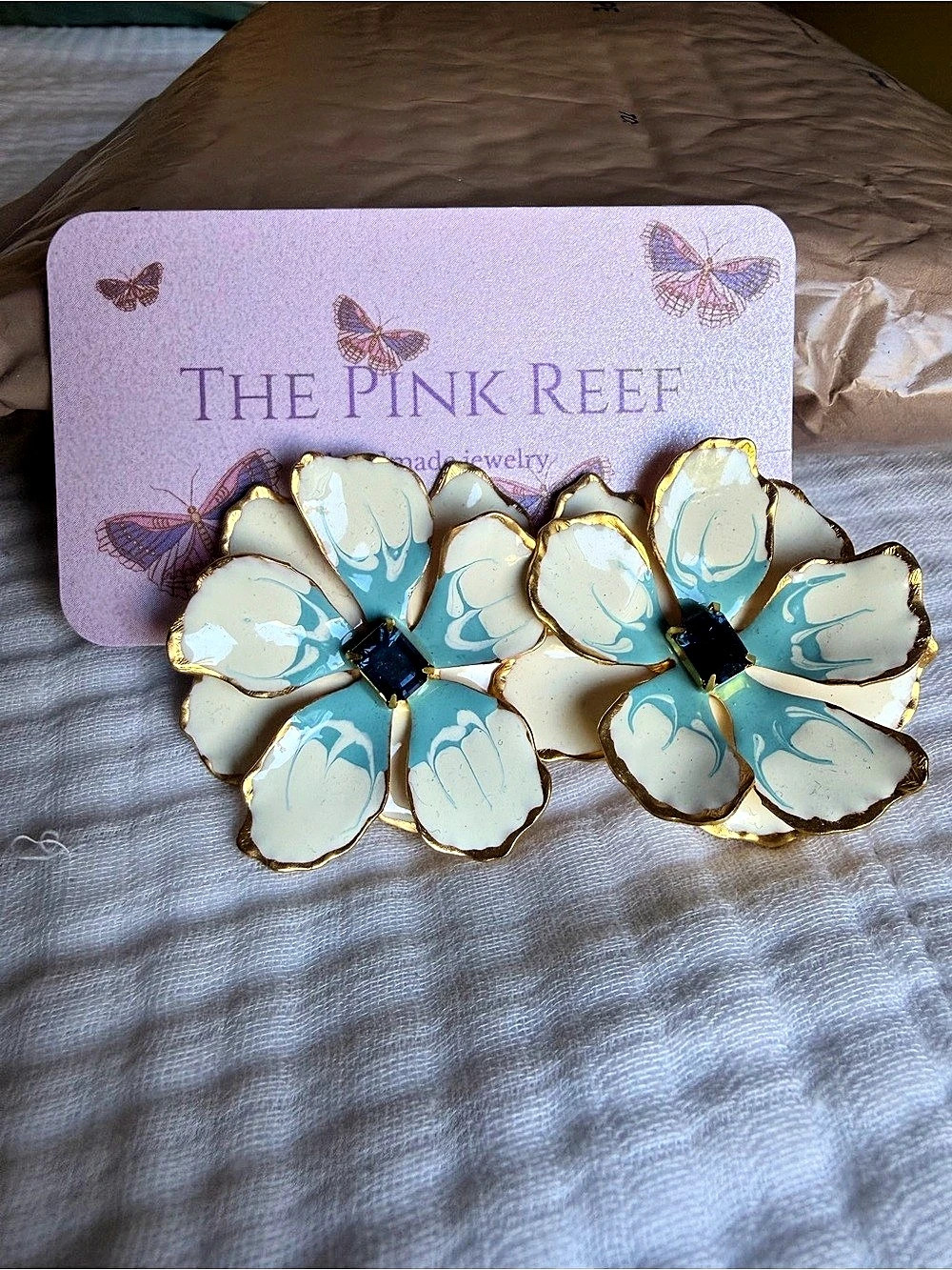 The Pink Reef Floral Enamel Earrings in White & Blue NWT